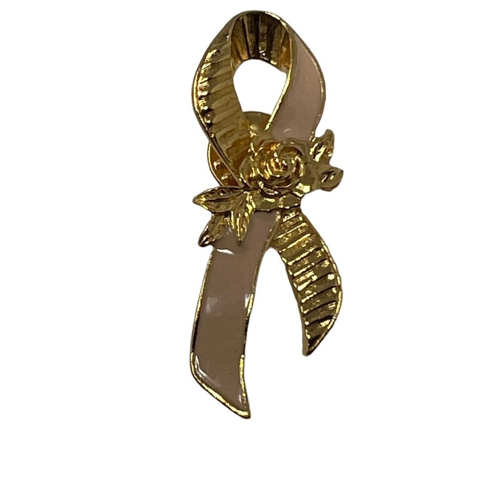 Vintage Avon Brooch Ribbon Bow Pink Peach‎ Breast Cancer Pin